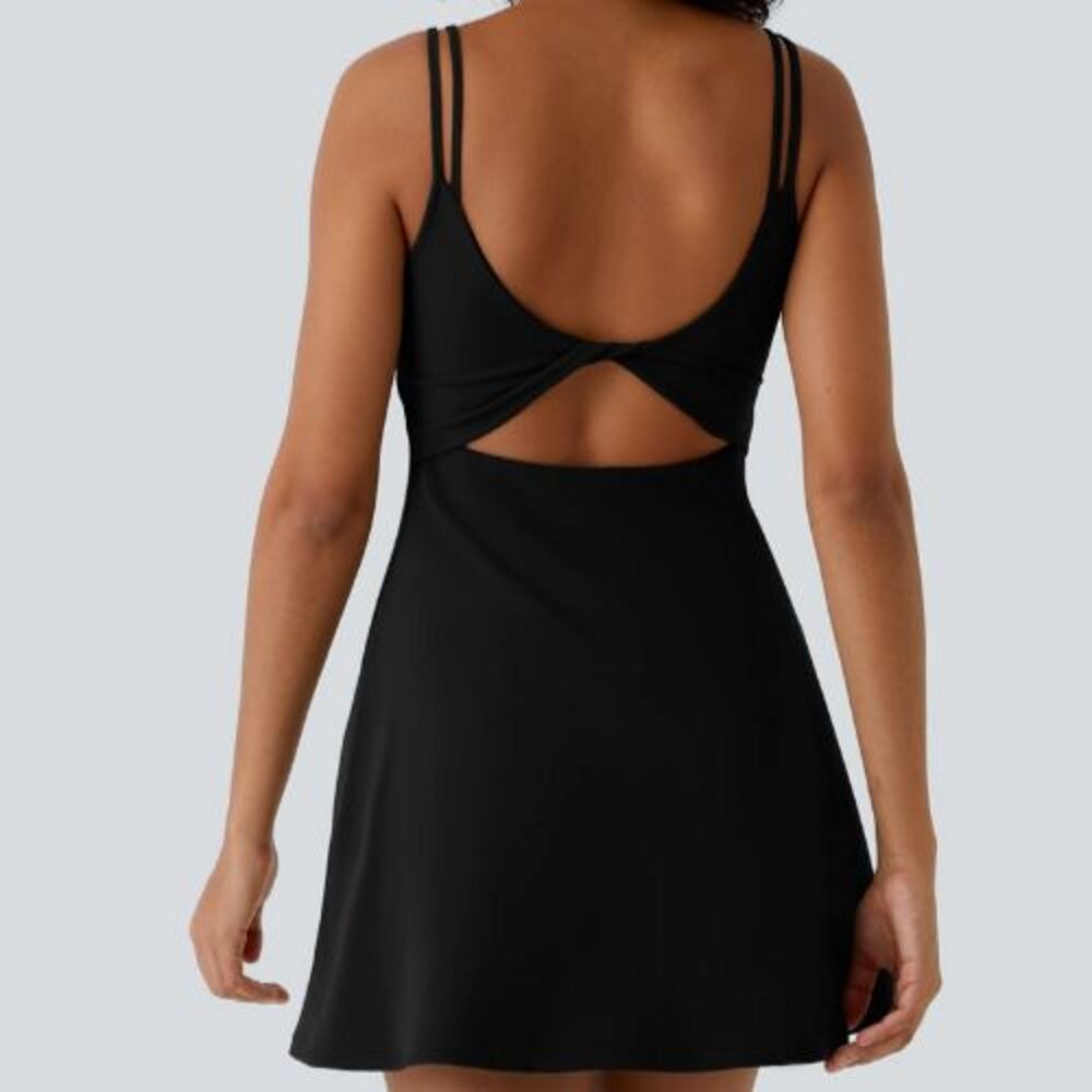 HALARA Black Mini Dress with Double-Strap Twist Back